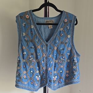 Y2K?! Tantrum Blues Embroidered Denim Floral Vest Size:XL